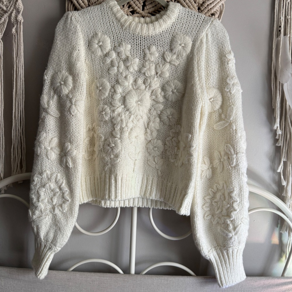 Zara Cream 3D Floral Embroidered Chunky Knit Puff Sleeve Sweater Small blog fav